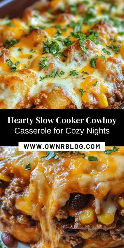 Looking for a hearty comfort food recipe that will warm your soul? Try this Slow Cooker Cowboy Casserole! Packed with ground meat, beans, corn, and topped with crispy tater tots and melty cheese, it’s a delicious tribute to rustic cowboy cooking. Perfect for busy weeknights, this dish brings together nutritious ingredients in a convenient slow cooker. Gather your family and friends for a meal that satisfies every appetite! #CowboyCasserole #ComfortFood #SlowCookerRecipes #HeartyMeals #FamilyDinner #EasyRecipes #WeeknightDinner