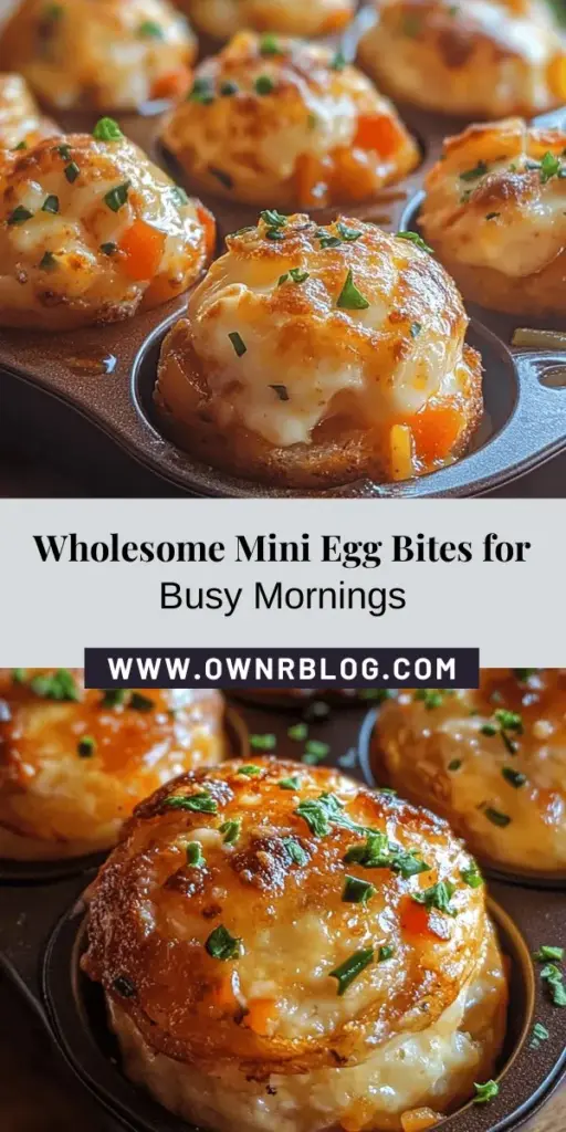 Start your mornings right with these wholesome Mini Egg Bites! Perfect for busy schedules, these delicious, protein-packed bites are customizable and easy to prepare. With options for various flavors and dietary needs, you can enjoy them anytime. They're great for meal prep and can be served warm or cold. Make them your own with fresh ingredients and loved ones will keep coming back for more! #BreakfastIdeas #MiniEggBites #MealPrep #HealthyEating #QuickRecipes