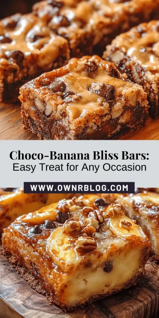 Indulge in the deliciously simple Choco-Banana Bliss Bars, the perfect treat for any occasion! With the sweet combination of ripe bananas and rich chocolate, these bars are a delightful snack or dessert. Packed with nutrients, they offer a wholesome option that's great for breakfast or a post-workout boost. Easy to make and customizable, you'll love the comforting flavors of these irresistible bars. Try them today and enjoy! #ChocoBananaBliss #HealthySnacks #DessertRecipe #BananaLovers #ChocolateTreats #EasyBaking