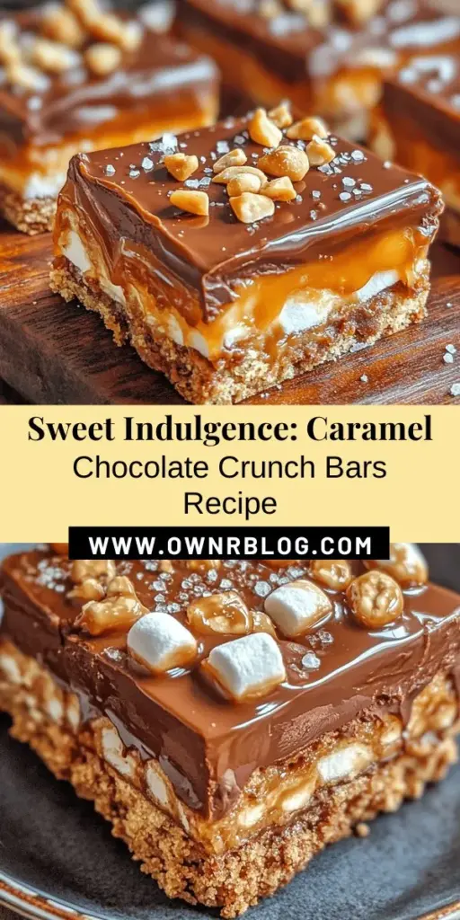 Get ready to indulge in Decadent Caramel Chocolate Crunch Bars, a delightful treat perfect for any occasion. These bars feature a crunchy graham cracker base, gooey caramel layer, and rich chocolate topping that will satisfy your sweet cravings. Follow our easy step-by-step guide to create this heavenly dessert at home. Share them at parties, or enjoy them as a snack! #Desserts #ChocolateBars #CaramelTreats #Baking #SweetTooth #HomemadeDelights