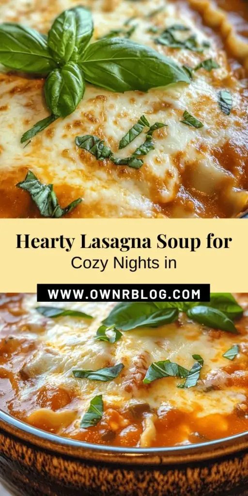 Discover the ultimate comfort food with this easy lasagna soup recipe! Experience all the rich flavors of traditional lasagna in a hearty bowl of soup, perfect for busy weeknights or cozy gatherings. This one-pot meal combines ground beef or Italian sausage, noodles, crushed tomatoes, and creamy cheeses for a satisfying dish that everyone will love. Ready to warm your soul? Try this delicious recipe today! #LasagnaSoup #ComfortFood #EasyRecipes #SoupSeason #ItalianCooking #FamilyMeals