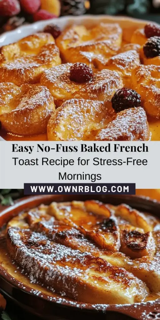 Start your mornings with ease and indulgence with this No-Fuss Baked French Toast recipe! Perfect for brunch gatherings or cozy family breakfasts, this recipe offers a rich and custardy delight without the fuss of stovetop cooking. Simply mix, soak, and bake for a beautifully caramelized topping and a soft interior. Customize it with your favorite toppings like maple syrup or fresh berries for the ultimate dish! #BakedFrenchToast #Breakfast #Brunch #EasyRecipes #ComfortFood