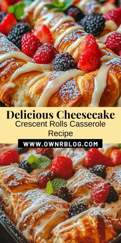 Indulge in the delightful flavors of Cheesecake Crescent Rolls Casserole! This easy recipe fuses rich, creamy cheesecake with flaky crescent rolls for a dessert that's perfect for brunch, gatherings, or a cozy night in. Impress with its amazing presentation and simple prep, making it accessible for cooks of all skill levels. Elevate your dessert game and enjoy every decadent bite! #CheesecakeCrescentRolls #DessertRecipe #EasyBaking #BrunchIdeas #SweetTreats