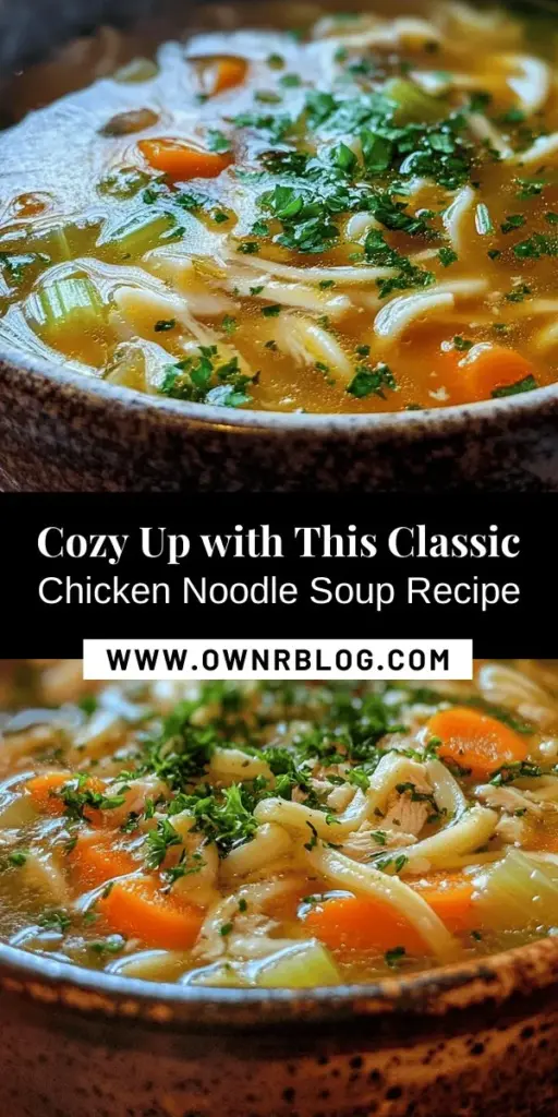 Warm up with this Cozy Classic Chicken Noodle Soup, perfect for chilly nights or when you're under the weather. This comforting dish blends rotisserie chicken with fresh vegetables and tender egg noodles, delivering a nostalgic embrace in every bowl. Easy to make and loaded with nutritional benefits, it’s a go-to remedy that nourishes the body and soul. Enjoy the soothing flavors, and don’t forget to share this classic with loved ones! #ChickenNoodleSoup #ComfortFood #CozyRecipes #HealthyEating #FamilyMeals