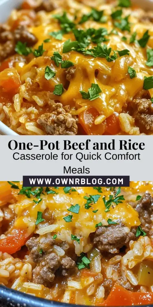 Looking for a quick and satisfying dinner solution? Try this One-Pot Beef and Rice Casserole! Packed with flavorful ground beef, fluffy rice, fresh veggies, and melty cheese, this hearty dish is perfect for busy weeknights or cozy gatherings. Minimal cleanup means more time to enjoy with loved ones. Customize it with your favorite spices and veggies for a personalized touch! #OnePotMeal #ComfortFood #QuickRecipes #BeefAndRice #FamilyDinner #EasyCooking