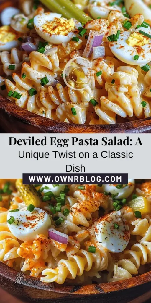 Discover the deliciousness of Deviled Egg Pasta Salad, a creative blend of creamy deviled eggs and hearty pasta! Perfect for picnics, barbecues, and family dinners, this dish features rotini pasta, rich hard-boiled eggs, crunchy veggies, and a tangy dressing that brings everything together. Easy to make and customizable, it promises to be a hit. Try it out and impress your guests with a unique twist on a classic favorite! #PastaSalad #DeviledEggs #Recipe #Delicious #Foodie #SummerEats #PicnicFood