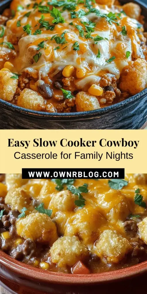 Discover the ultimate comfort food with this Slow Cooker Cowboy Casserole! Perfect for busy nights, this hearty dish combines ground beef or turkey, fresh vegetables, creamy sauce, and crispy tater tots for a satisfying meal that the whole family will love. It's easy to prepare and adaptable for various dietary needs, making it a perfect weeknight dinner solution. Try it today and bring everyone together around the dinner table! #CowboyCasserole #ComfortFood #SlowCookerRecipes #FamilyDinner #EasyMeals