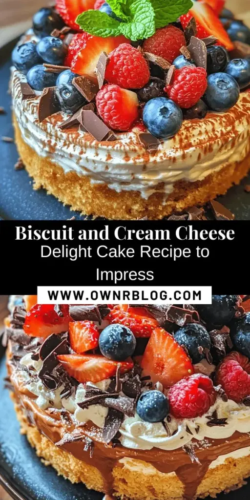 Indulge in the Biscuit and Cream Cheese Delight Cake, a perfect dessert that combines a crunchy biscuit crust with a creamy, rich filling. It's an incredible treat for birthdays, dinner parties, or just when you're craving something sweet. With simple ingredients like cream cheese, fresh berries, and optional chocolate shavings, you can easily make this visually stunning cake that will impress everyone. Share the joy of baking with #DessertGoals #BakingLove #CakeRecipe #SweetTreats #FoodieDelight.