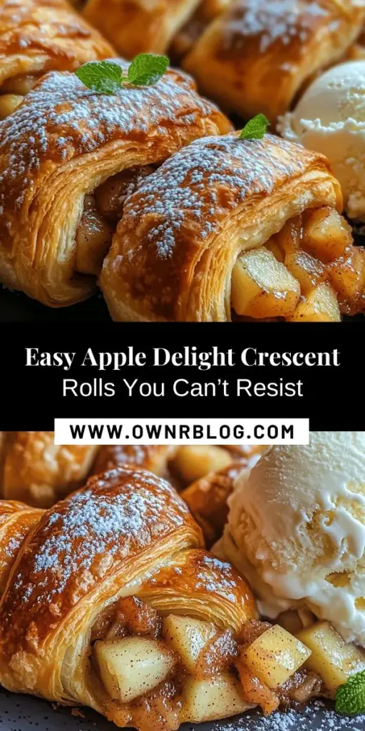 Indulge in the delightful world of Apple Delight Crescent Rolls! These easy-to-make pastries combine flaky crescent dough with a warm, spiced apple filling, creating a cozy treat perfect for any occasion. Whether served as dessert, breakfast, or a brunch addition, they are sure to impress. Top with powdered sugar or a scoop of vanilla ice cream for an extra touch of sweetness. Get ready to savor each delicious bite! #AppleDelight #CrescentRolls #BakingJoy #DessertRecipes #FallTreats #HomemadeGoodness