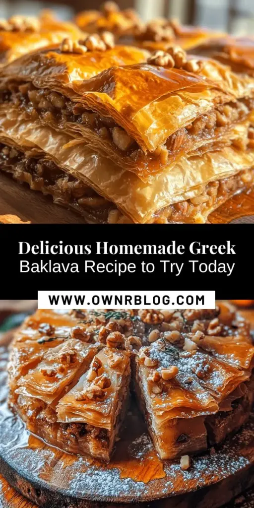 Discover the irresistible delight of Greek Baklava, a rich pastry that perfectly combines flaky phyllo dough with a nutty filling of walnuts and pistachios, all drenched in a sweet syrup. This dessert not only boasts a wonderful balance of flavors and textures but is also steeped in tradition, making it perfect for celebrations. Dive into the art of making Baklava and impress your friends and family with this deliciously sticky treat. #Baklava #GreekDesserts #BakingTraditions #MediterraneanCuisine #CulinaryArt #SweetTreats #HomemadeGoods