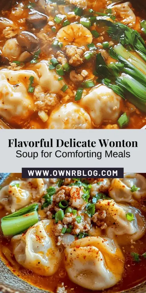 Warm your soul with our Delicate Wonton Delight Soup, a beloved dish that bridges cultures with each savory spoonful. This comforting soup features made-from-scratch wontons filled with a delicious blend of ground pork and shrimp, all simmered in a fragrant chicken broth. Perfect for festive gatherings or cozy nights in, this recipe encourages creativity and connection in the kitchen. Discover the joy of crafting this culinary masterpiece! #WontonSoup #ComfortFood #HomemadeDelight #CulinaryJourney #SoupRecipes