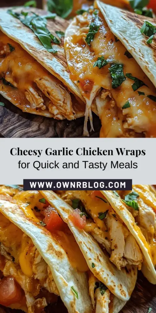 Discover the easy and delicious world of cheesy garlic chicken wraps! Packed with tender chicken, gooey cheese, and aromatic garlic all wrapped in a warm tortilla, these wraps are versatile, perfect for lunch or dinner. Meal prep-friendly and customizable, they cater to busy families and cheese lovers alike. Serve with sides like salads or dips for a complete meal. Try this scrumptious recipe and elevate your mealtime! #CheesyGarlicChickenWraps #RecipeIdeas #MealPrep #QuickEats #YummyWraps