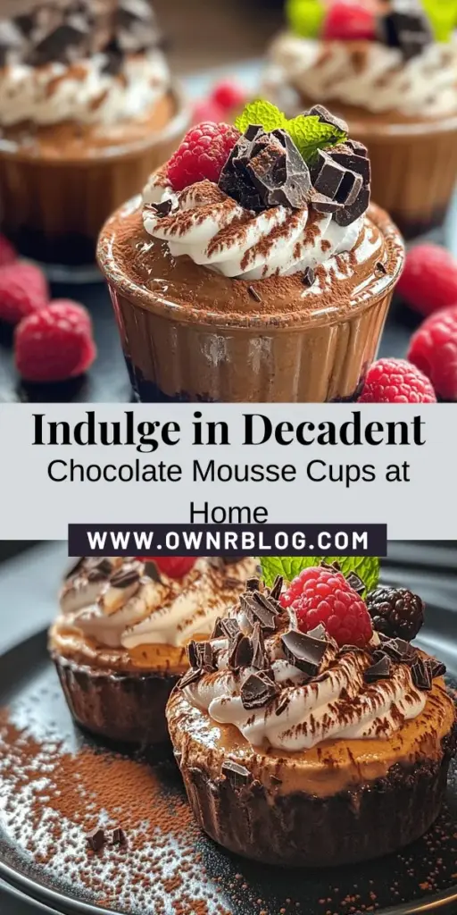 Treat yourself to indulgent chocolate mousse cups that are perfect for any occasion! This luxurious dessert features rich, velvety chocolate encased in an airy, fluffy mousse. Easy to make with high-quality ingredients, these individual servings elevate your dessert experience for dinner parties or cozy nights at home. Follow simple steps to whip up this classic treat and impress your guests. Dive into the decadence! #ChocolateMousse #DessertLovers #BakingInspiration #SweetTreats #GourmetDesserts #ChocolateLovers