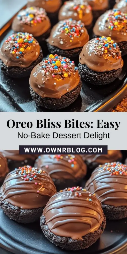 Indulge in the easy decadence of Oreo Bliss Bites, a no-bake dessert that's perfect for any occasion. With just a handful of ingredients, these creamy, cookie-coated treats will impress family and friends alike. The rich Oreo filling complements the smooth chocolate coating for a delightful treat. Perfect for parties or spontaneous cravings, they are versatile and customizable. Try them today! #OreoBlissBites #NoBakeDessert #OreoCookies #DessertRecipe #SweetTreats #EasyRecipes