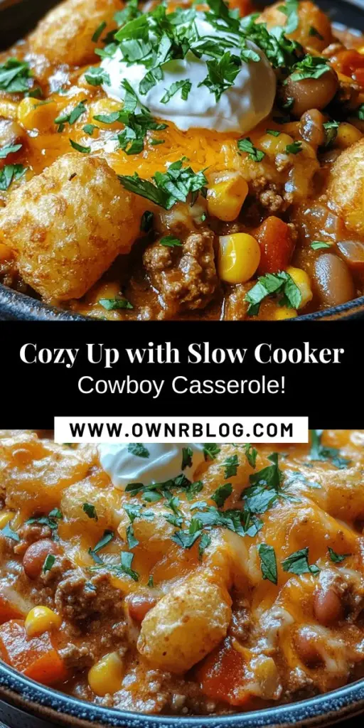 Discover the ultimate comfort food with this Slow Cooker Cowboy Casserole! Packed with savory ground meat, black beans, sweet corn, and topped with crispy tater tots, this hearty dish is perfect for busy families. Effortlessly prepared in your slow cooker, it’s a filling and flavorful option for any meal occasion. Enjoy the delightful blend of Tex-Mex flavors everyone will love! Try it today! #CowboyCasserole #SlowCookerRecipes #ComfortFood #FamilyMeals #EasyDinnerIdeas #RecipeShare