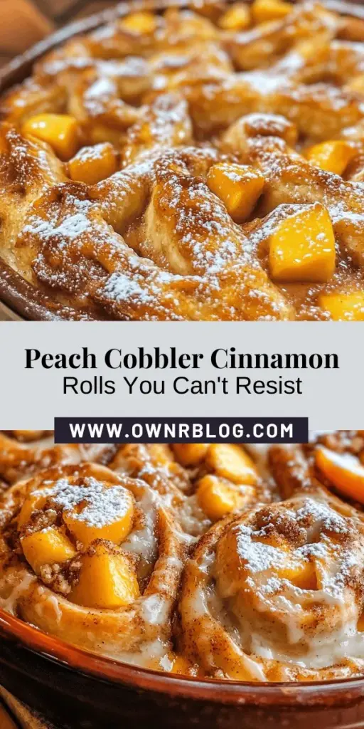 Wake up to the irresistible aroma of Peach Cobbler Cinnamon Rolls! This unique recipe blends the softness of cinnamon rolls with the gooey sweetness of peach cobbler, perfect for breakfast or dessert. Made with fresh peaches, warm spices, and a luscious glaze, these rolls will delight your family and friends. Discover the joy of baking and create lasting memories around the breakfast table. Try this delightful treat today! #PeachCobbler #CinnamonRolls #BakingLove #BreakfastIdeas #DessertRecipes #PeachRecipes