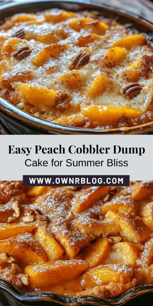 Indulge in the comforting flavors of a delicious Peach Cobbler Dump Cake! This easy-to-make dessert combines juicy peaches with a buttery cake mix, creating a gooey, warm treat that's perfect for any occasion. Whether you use fresh or canned peaches, this recipe is a crowd-pleaser. Serve it warm with a scoop of vanilla ice cream for a delightful twist. Make memories in the kitchen with this classic dish! #PeachCobbler #DumpCake #DessertRecipe #ComfortFood #BakingFun