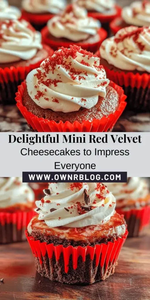 Indulge in the vibrant world of Mini Red Velvet Cheesecakes with this irresistible recipe! Perfectly portioned for celebrations or simply a sweet treat, these mini delights bring together rich red velvet flavors and creamy cheesecake goodness. With a crunchy graham cracker crust and a hint of cocoa, they’re visually stunning and incredibly tasty. Elevate your dessert game today! #RedVelvet #Cheesecake #MiniDesserts #Baking #Recipe #SweetTreats #HomeBaking #PartyDesserts