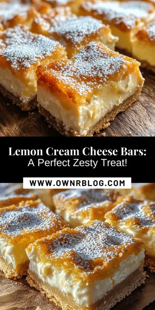 Brighten up your dessert table with these Zesty Lemon Cream Cheese Bars! This easy recipe brings together creamy cream cheese, fresh lemon juice, and a crunchy graham cracker crust to create a refreshing treat that's perfect for summer gatherings or cozy afternoons. With a perfect balance of sweetness and tartness, these bars are sure to impress. Don't miss out on this delightful lemony goodness! #LemonBars #DessertRecipes #BakingJoy #CreamCheeseDesserts