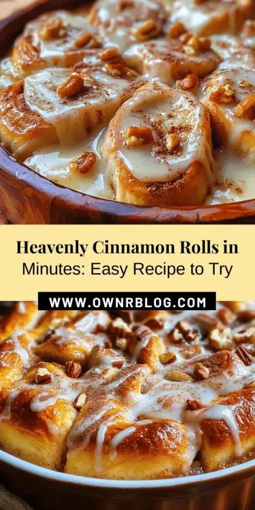 Experience the joy of baking with these Heavenly Quick Cinnamon Rolls! This easy recipe combines warm cinnamon, sweet sugar, and a fluffy dough, perfect for any occasion. In under an hour, you'll create irresistible rolls that fill your home with delightful aromas. Ideal for breakfast or dessert, they’re sure to impress family and friends. Get ready to indulge in this delicious treat! #CinnamonRolls #QuickBaking #BakingJoy #HomemadeTreats #EasyRecipes #SweetTooth