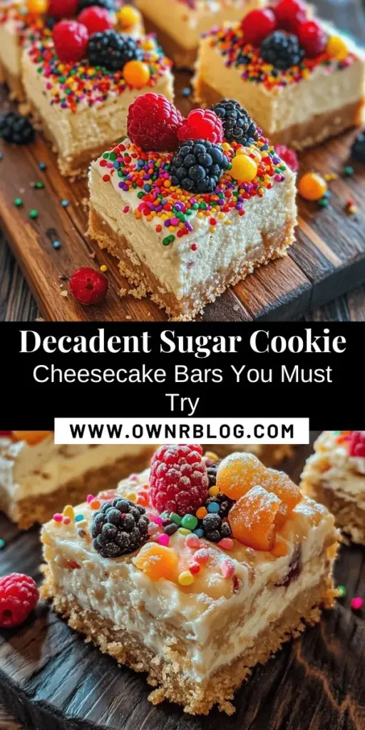 Indulge in the delightful fusion of soft sugar cookie crust and creamy cheesecake with our Sugar Cookie Cheesecake Bars! These bars are not only visually appealing with their beautiful layers but are also versatile for any occasion. With easy-to-follow steps, you can create this sweet treat that guarantees to impress. Perfect for gatherings or a sweet personal indulgence! Try them out today! #Dessert #Cheesecake #Baking #SugarCookies #SweetTreats #Foodie