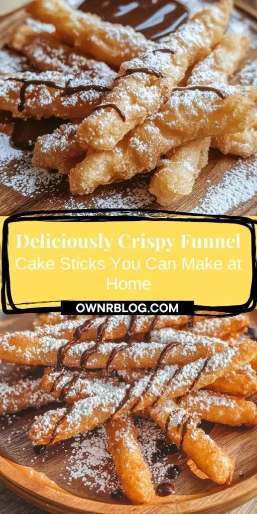 Indulge in the nostalgic delight of crispy funnel cake sticks with this easy homemade recipe. Perfect for snacking or sharing at parties, these charming treats maintain the classic flavors of traditional funnel cakes while offering a fun twist! Customize with your favorite toppings like powdered sugar, chocolate drizzles, or fresh fruit. A tasty way to bring the carnival experience into your home! #FunnelCakeSticks #HomemadeDesserts #SweetTreats #DIYDelights #CarnivalFood