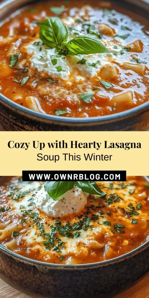 Warm up your chilly nights with this delicious Hearty Lasagna Soup! Combining the classic flavors of Italian lasagna in a comforting bowl, this soup is perfect for both family gatherings and cozy evenings at home. Made with Italian sausage, fresh herbs, and creamy cheeses, it’s easy to prepare and packed with flavor. Don't forget to pair it with garlic bread for a truly satisfying meal! #LasagnaSoup #ComfortFood #CozyNights #QuickRecipes #SoupSeason