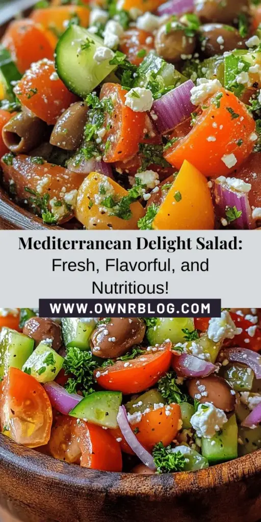 Discover the vibrant flavors and health benefits of Mediterranean Delight Salad! This colorful mix of fresh vegetables, creamy feta, and Kalamata olives is not just a feast for the eyes but also packed with essential nutrients. Perfect as a side dish or light meal, this salad will elevate any occasion. Enjoy the freshness of seasonal ingredients with a simple, zesty dressing that ties it all together. Try this nourishing recipe today! #MediterraneanSalad #HealthyEating #FreshIngredients #SaladRecipes #Nutrition #VibrantFlavors