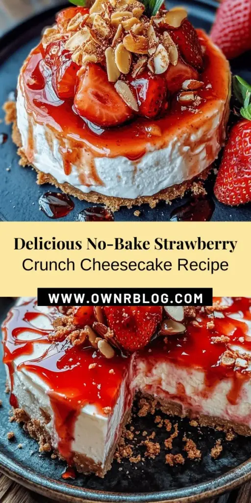 Indulge in the simplicity and freshness of this No-Bake Strawberry Crunch Cheesecake! Perfect for warm days, it features a creamy cheesecake layer made with fresh strawberries and a crispy vanilla wafer topping. No oven required! Ideal for gatherings or a sweet treat at home. Impress your friends and family with this vibrant dessert that combines flavors and textures beautifully. Try it today! #NoBakeDessert #StrawberryCheesecake #EasyRecipes #SummerTreats #DessertLover