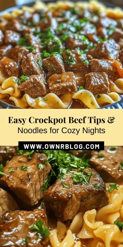 Warm up your winter nights with this Comforting Crockpot Beef Tips & Noodles recipe! This easy dish combines tender beef, savory seasonings, and egg noodles, all cooked to perfection in your crockpot. Just set it and forget it! Enjoy the delightful aroma as it simmers, and gather your loved ones for a heartwarming meal. Perfect for busy days when comfort food is needed. #CrockpotRecipes #ComfortFood #BeefTips #DinnerIdeas #SlowCooking #HomeCooking