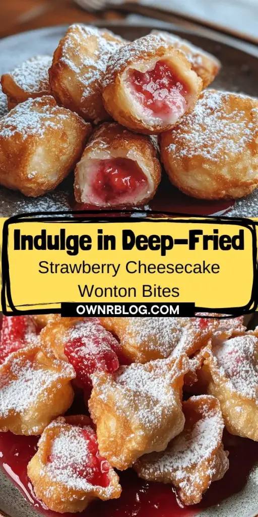 Indulge in the delightful fusion of flavors with Deep-Fried Strawberry Cheesecake Wonton Bites! These bite-sized treats combine ripe strawberries and creamy cheesecake in a crispy wonton wrapper, creating a dessert that's perfect for sharing at gatherings or treating yourself. Impress your guests with their eye-catching presentation and irresistible taste. Try this easy recipe for a sweet snack that everyone will love! #Dessert #WontonBites #StrawberryCheesecake #FusionCuisine #SweetTreats #Foodie