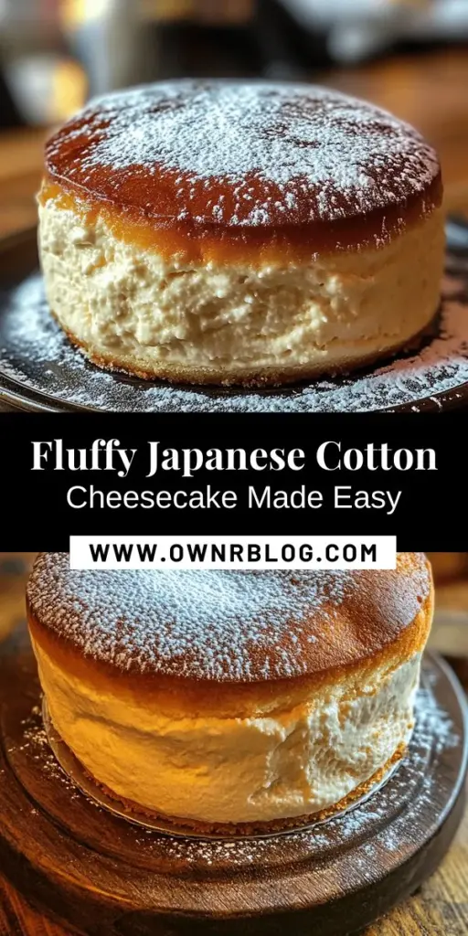 Discover the art of making Fluffy Japanese Cotton Cheesecake with this comprehensive guide. This light and airy dessert combines the best of cheesecake and soufflé, offering a melt-in-your-mouth experience. Learn essential techniques and tips, from accurate measurements to the perfect baking methods, to achieve that dreamy fluffiness. Impress your friends and family with this stunning treat! #JapaneseCheesecake #Dessert #Baking #FluffyCheesecake #YummyTreats #CulinaryArt #HomeBaking