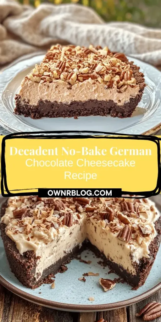 Satisfy your sweet cravings with a No-Bake German Chocolate Cheesecake! This rich, creamy dessert pairs the classic flavors of German chocolate cake and cheesecake, making it perfect for gatherings or a treat at home. Easy to make, this no-bake recipe is versatile and forgiving, perfect for bakers of all experience levels. Elevate your dessert game with this indulgent delight! #NoBakeCheesecake #GermanChocolate #DessertLovers #EasyRecipes #SweetTreats