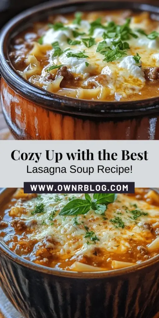 Looking for a warm and comforting meal that captures the rich flavors of traditional lasagna? Try this easy Lasagna Soup recipe! Perfect for busy weeknights, it combines ground beef or sausage, tomato, aromatic herbs, and gooey cheeses in a delicious broth. Customize it to fit your taste, whether you're preferring a vegetarian option or a spicy twist. Enjoy a cozy bowl of goodness and impress your family! #LasagnaSoup #ComfortFood #EasyRecipes #CozyMeals #HomeCooking #ItalianCuisine