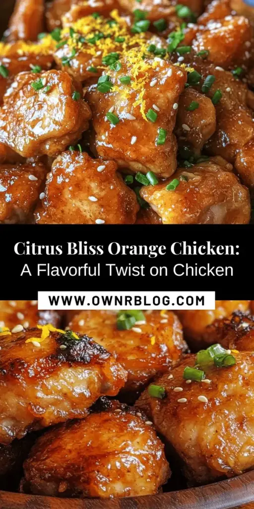 Discover the vibrant flavors of Citrus Bliss Orange Chicken! This easy recipe combines sweet oranges with savory chicken for a mouthwatering dish that's perfect for any occasion. Simple to prepare, using fresh ingredients enhances the taste and nutrition, making it a hit for both novice and seasoned cooks. Serve it over rice or with veggies for a colorful plate that delights the senses. Try this irresistible recipe today! #CitrusBliss #OrangeChicken #EasyRecipes #HealthyEating #HomeCooking #DeliciousMeal #CitrusFlavors #WeeknightDinner