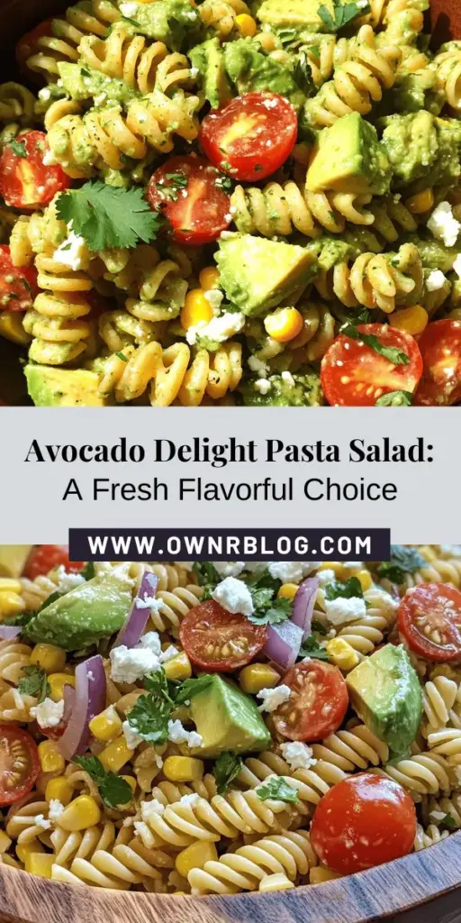 Discover the vibrant flavors and health benefits of Avocado Delight Pasta Salad! This delicious mix of creamy avocados, whole wheat pasta, and fresh veggies like cherry tomatoes, red onions, and corn creates a nutritious dish perfect for any occasion. Whether enjoyed as a main course or a side, it's packed with fiber and healthy fats. Customize it with feta or herbs for an extra kick. Dive into this refreshing recipe today! #PastaSalad #HealthyEating #AvocadoDelight #SummerSalad #RecipeIdeas #MealPrep #HealthyRecipes