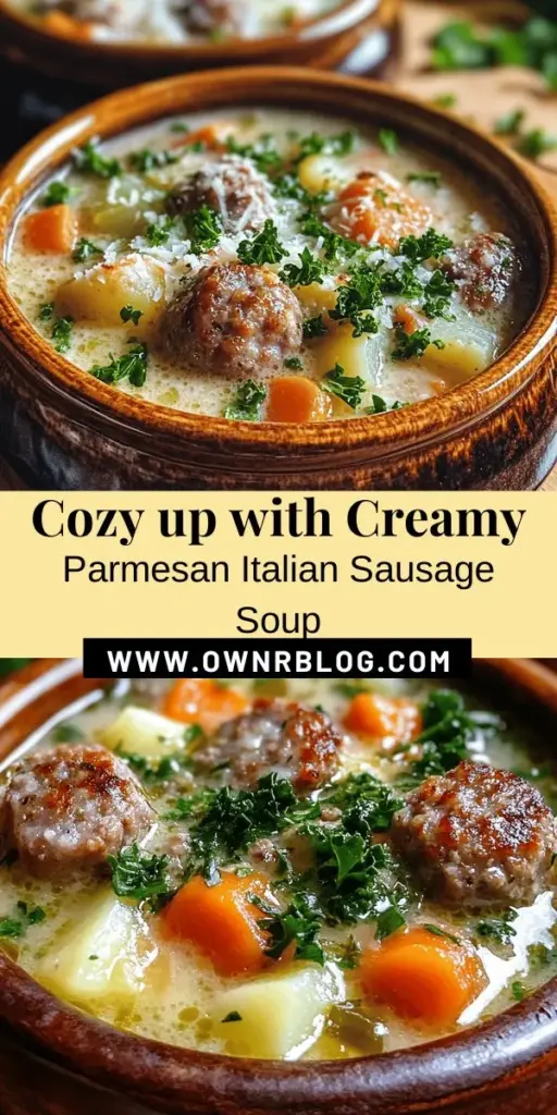 Warm up this winter with a delicious bowl of Creamy Parmesan Italian Sausage Soup! This comforting dish combines rich Italian sausage, fresh vegetables, and creamy Parmesan for an indulgent experience. It's not just satisfying; it's also customizable for your taste! Add greens like kale or spinach for a nutritious boost. Perfect for cozy dinners or busy weeknights! Discover the recipe and make this hearty soup a staple in your kitchen. #SoupSeason #ComfortFood #WinterRecipes #ItalianSausage #HealthyEating