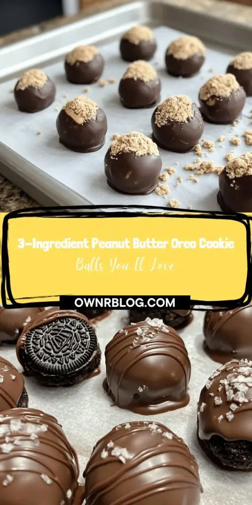 Looking for a quick and delicious dessert? Try these 3-Ingredient Peanut Butter Oreo Cookie Balls! Combining Oreo cookies, creamy peanut butter, and your choice of chocolate coating, these no-bake treats are easy to make and perfect for any occasion. Impress your friends and family with this simple recipe that requires no baking. Sweet, crunchy, and satisfying, they're sure to be a hit! #PeanutButter #Oreo #NoBakeDessert #CookieBalls #EasyRecipe