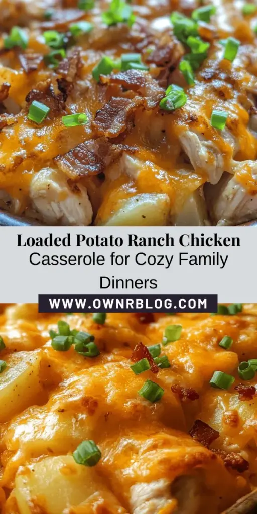 Indulge in a cozy family favorite with this Loaded Potato Ranch Chicken Casserole! This comforting dish combines tender chicken, creamy russet potatoes, zesty ranch dressing, gooey cheese, and crispy bacon, all baked to perfection. It's easy to prepare and perfect for busy nights or gatherings with friends and family. Enjoy warm, hearty, and satisfying flavors that bring everyone together. Dive into this delicious recipe today! #ComfortFood #Casserole #ChickenDinner #LoadedPotatoes #EasyRecipes