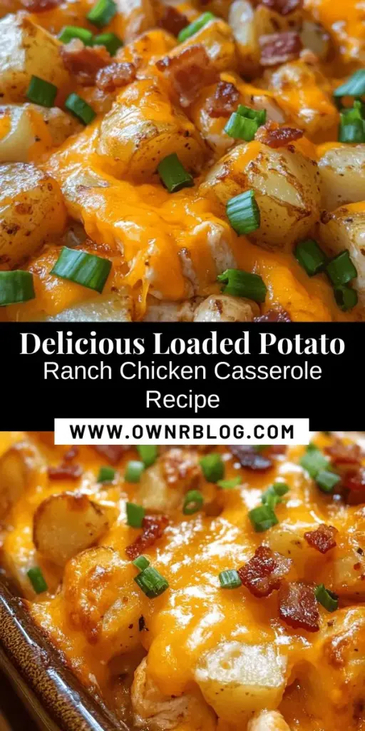 Indulge in the ultimate comfort food with Loaded Potato Ranch Chicken Casserole! This hearty dish combines tender chicken, fluffy russet potatoes, creamy ranch dressing, and crispy bacon, creating a mouthwatering meal that the whole family will love. Perfect for cozy nights or gatherings, this casserole is easy to prepare and packs a flavorful punch. Follow our step-by-step guide to make this delicious recipe today! #ComfortFood #Casserole #FamilyMeal #HomeCooking #DeliciousRecipes #LoadedPotatoCasserole