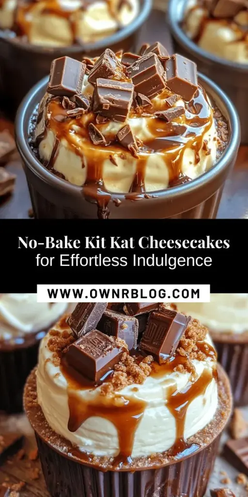 Indulge in the irresistible No-Bake Kit Kat Cheesecakes—a perfect dessert for any occasion! This easy recipe combines creamy cheesecake with crunchy Kit Kat, all without turning on the oven. With simple ingredients and a quick assembly process, you can impress friends and family at summer gatherings, birthday parties, or potlucks. Elevate your dessert game with this delightful treat! #NoBakeCheesecake #KitKatDessert #SweetTreats #DessertRecipes #EasyRecipes