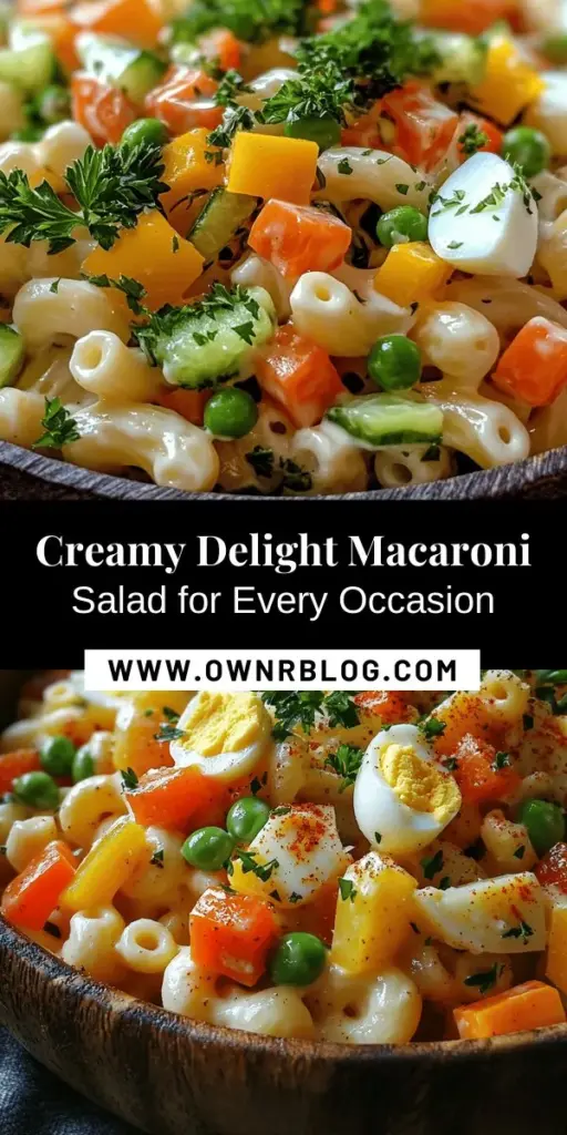 Discover the perfect balance of flavor and texture with Creamy Delight Macaroni Salad! This vibrant dish combines classic elements with fresh ingredients, making it a standout at any gathering. Enjoy it as a refreshing side or a light main course, and easily customize it to fit dietary needs. Ideal for summer picnics, barbecues, or potlucks, this salad is sure to please every palate. Try it today! #MacaroniSalad #CreamyDelight #SummerRecipes #PotluckFavorites #ComfortFood