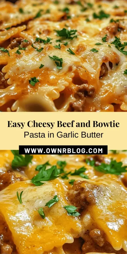 Enjoy a comforting bowl of Cheesy Beef and Bowtie Pasta in Garlic Butter that's perfect for busy weeknights or casual gatherings! In just under 30 minutes, you can whip up this delicious meal featuring creamy cheddar cheese, savory beef, and garlic butter sauce that clings to every bowtie pasta piece. It's a family favorite that brings everyone together around the dinner table. Try it tonight! #PastaRecipe #ComfortFood #QuickDinner #CheesyPasta #FamilyMeals #BowtiePasta #CookingAtHome