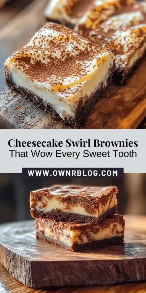 Indulge in the ultimate dessert fusion with these creamy cheesecake swirl brownies! Combining rich, fudgy brownies with a smooth, tangy cheesecake layer, this recipe is perfect for any occasion. Easy to make yet impressively delicious, each bite is a delightful blend of chocolatey goodness and creamy decadence. Whether for a dinner party or a cozy treat at home, these brownies are sure to delight everyone. #CheesecakeBrownies #DessertLovers #BakingJoy #SweetTreats #RecipeOfTheDay