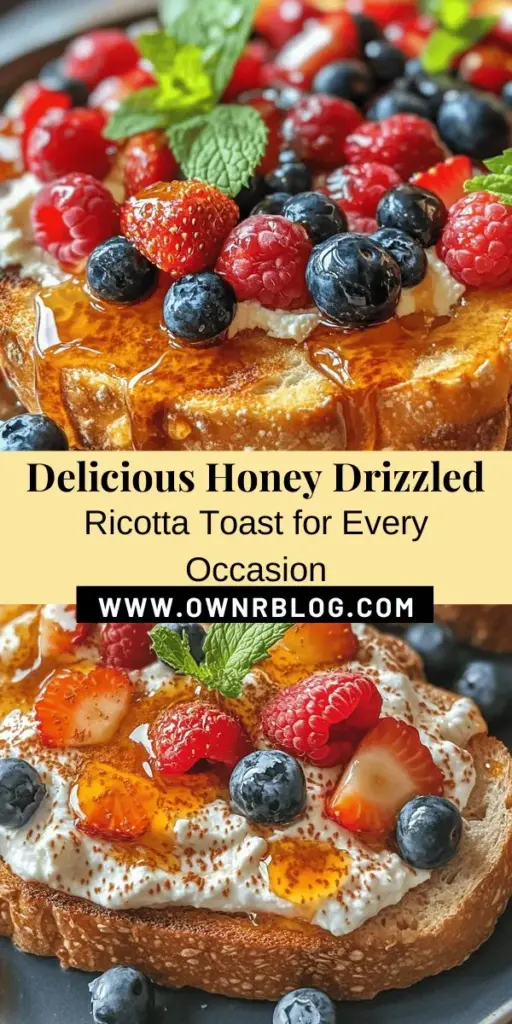 Discover the deliciousness of Honey Drizzled Ricotta Toast, a simple yet elegant dish perfect for breakfast, brunch, or a light snack. Made with creamy ricotta, sweet honey, and fresh berries on crispy sourdough, this toast is both visually stunning and satisfying. Quick to prepare and easily customizable, it’s ideal for impressing guests or enjoying solo. Explore the flavors and nutrients that come together in this delightful culinary experience! #ToastRecipes #RicottaToast #HealthyEating #Sourdough #BrunchIdeas #Foodie