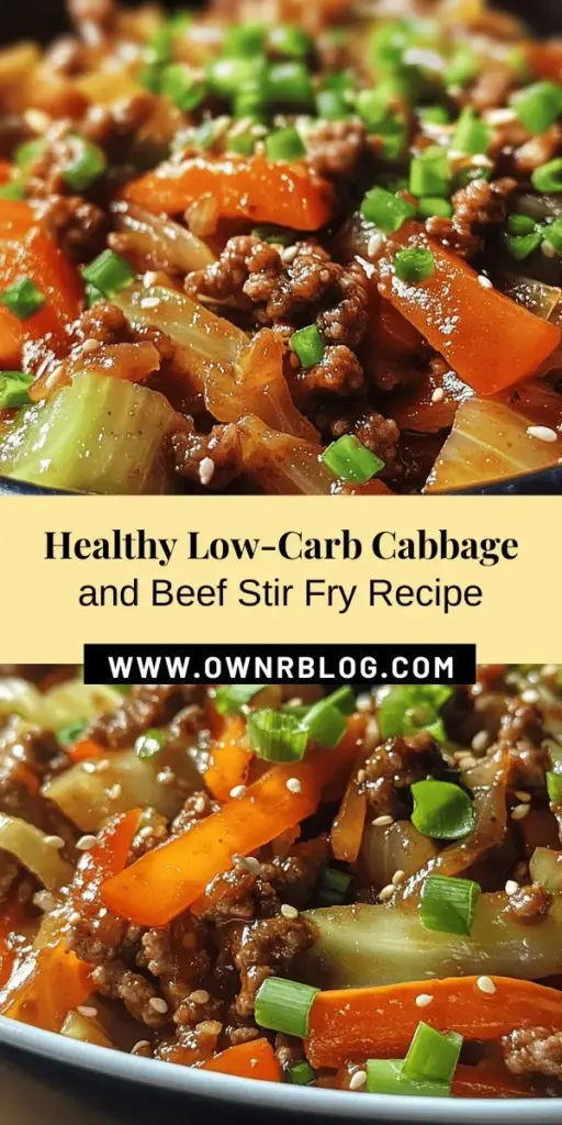 Looking for a quick, nutritious meal that fits into a low-carb lifestyle? Try this Low-Carb Cabbage and Beef Stir Fry! Packed with vibrant veggies and protein-rich beef, it's ready in under 30 minutes. Enjoy the savory flavors of garlic, ginger, and sesame oil while keeping carbs at bay. Perfect for meal prepping or a busy weeknight dinner! #LowCarb #HealthyEating #CabbageAndBeef #StirFry #QuickRecipes #MealPrep #EasyDinner #KetoFriendly