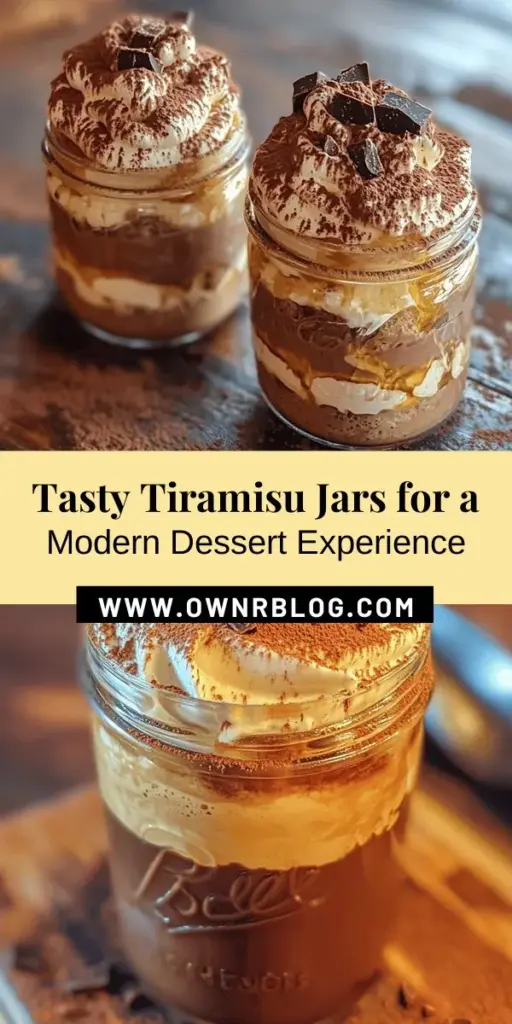 Elevate your dessert game with these Easy Tiramisu Jars—individual servings that capture all the rich flavors of the classic Italian treat! Perfect for any occasion, these jars add sophistication and convenience to your gatherings. With layers of coffee-soaked ladyfingers, creamy mascarpone, and a dusting of cocoa, they are as visually appealing as they are delicious. Discover how easy it is to impress your guests with this delightful twist! #TiramisuJars #ItalianDessert #DessertIdeas #EasyRecipes #FoodPresentation