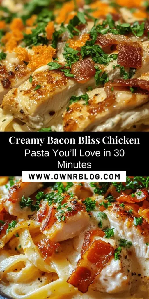 Experience the ultimate comfort food with Creamy Bacon Bliss Chicken Pasta! This easy-to-make dish combines crispy bacon, tender chicken, and a rich, velvety sauce, all topped with fresh spinach for a pop of color. Perfect for busy weeknights, it can be made in under 30 minutes and customized to your taste. Delight your family or impress guests with this indulgent pasta that's packed with flavor and satisfaction. #Pasta #ComfortFood #CookingAdventures #DinnerIdeas #RecipeInspo #CreamyPasta