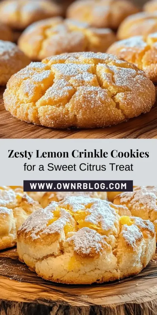 Discover the refreshing delight of Zesty Lemon Crinkle Cookies! These soft and crinkly cookies combine the tangy brightness of fresh lemon juice and zest with a sweet sugary finish that will brighten your day. Perfect for any occasion, these cookies are as eye-catching as they are delicious. Bake a batch for your next gathering and impress everyone with this innovative twist on a classic treat! #LemonCookies #BakingJoy #YummyTreats #CookieRecipe #DessertLovers