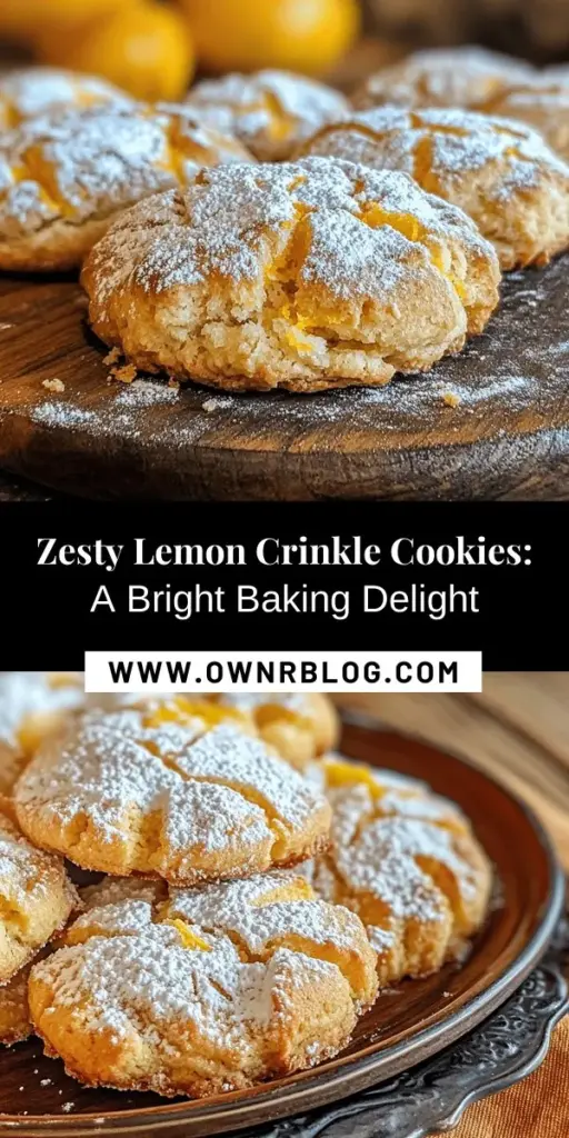 Looking for a bright and cheerful dessert? Try Zesty Lemon Crinkle Cookies! These soft and chewy treats are bursting with fresh lemon flavor, perfectly balanced with sweetness and coated in powdered sugar for a delightful crinkle effect. Ideal for any occasion, these cookies evoke nostalgia and sunshine in every bite. Bake a batch and enjoy them with iced tea or share them as charming gifts! #LemonCookies #Baking #SweetTreats #Dessert #HomemadeCookies